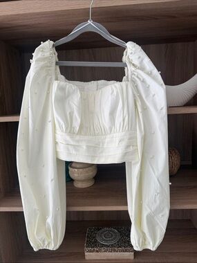 C/MEO Collective Ivory Pearl-Embellished Puff Sleeve Crop Top